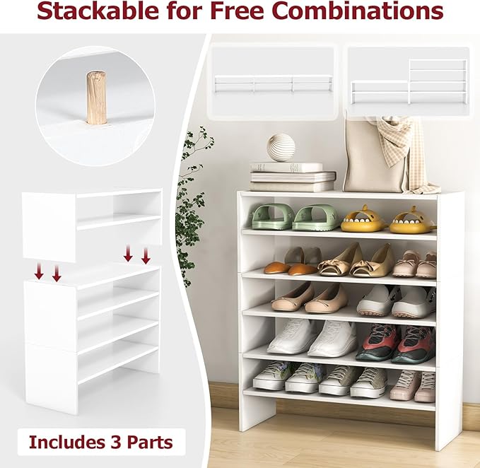 Tangkula Stackble Vertical Shoe Rack, Space Saving 6-Tier Corner Shoe Storage Shelf for 18 Pairs, 3-in-1 Adjustable White Shoe Organizer for Front Door Entryway