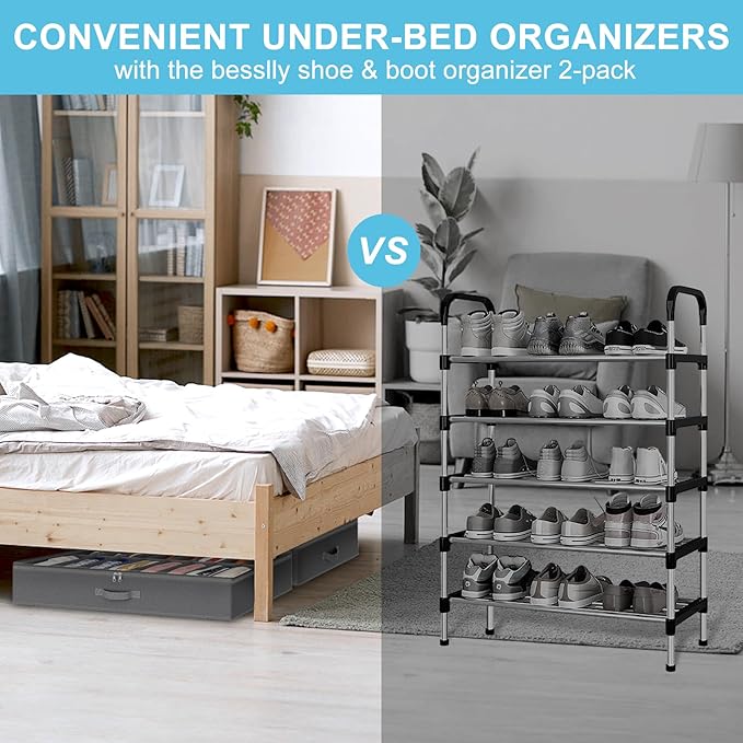 Under Bed Shoe Storage Organizer for Closet, 32 Pairs Sturdy Underbed Shoe Storage Boxes Bins Container Foldable Shoes Storage with Handles & Clear Window for College Dorms Light Grey, Set of 2