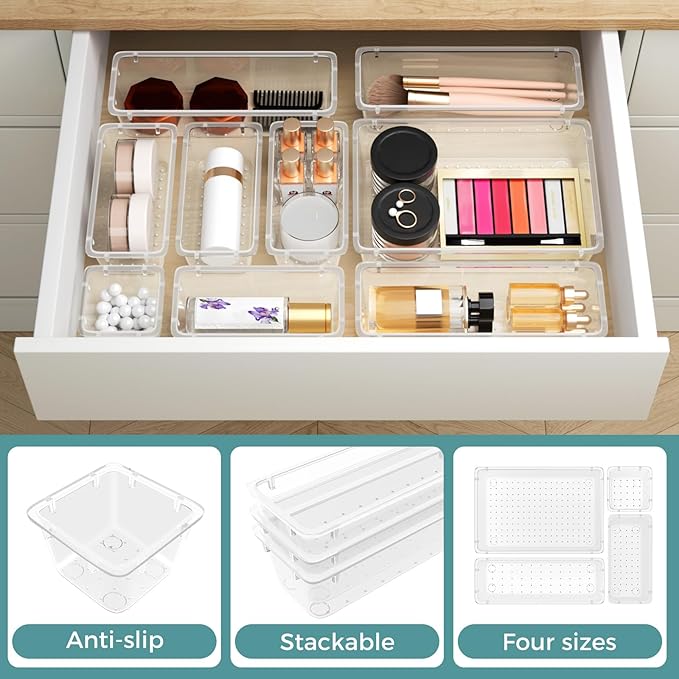 44 PCS Clear Plastic Drawer Organizer Set