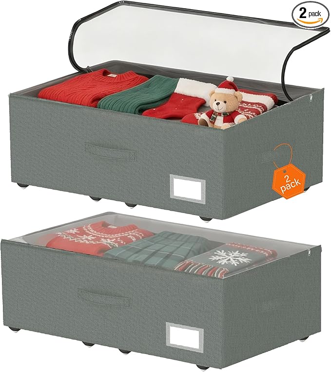 Under Bed Storage with Wheels, 2-Pack Under Bed Storage Containers, No Assemble Required 10 inches Height, Rolling underbed storage Drawers, Underbed Storage Bins for Shoes, Clothes, Blankets, Toys