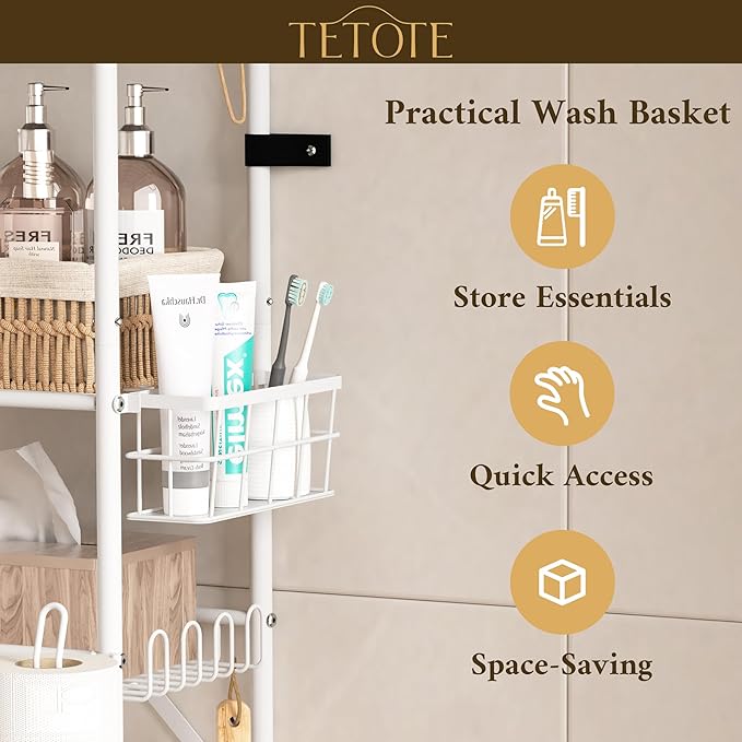 TETOTE Over The Toilet Storage Rack, 3-Tier Bathroom Organizer Shelf Over Toilet with Toilet Paper Roll Holder, Freestanding Metal Rack, White