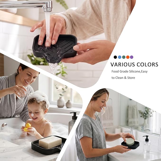 MicoYang Silicone Soap Dish with Drain Spout — Self-Draining Sink Organizer Tray for Bathroom & Kitchen, Holds Bar Soap, Sponges & Dispensers, Non-Slip & Dishwasher Safe, Black (Small, 4.9"×3.2")