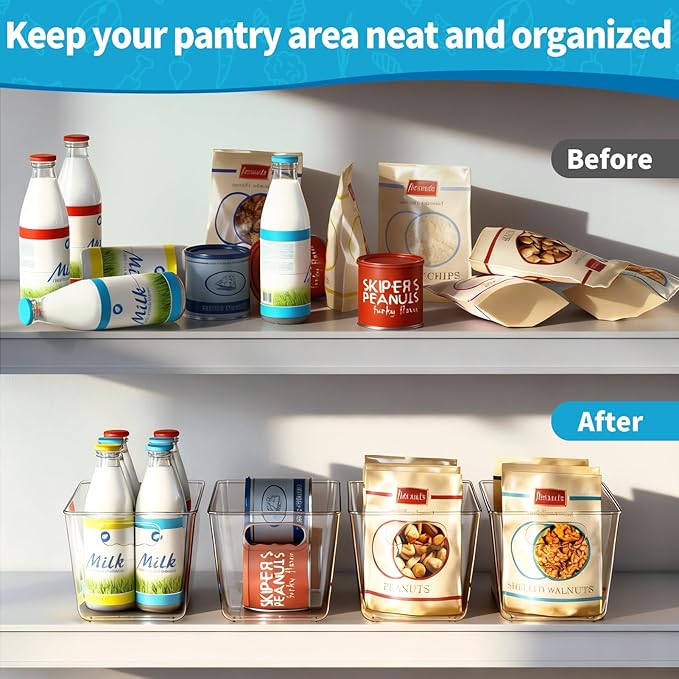 Clear Pantry Organizer Bins, Storage Containers & Plastic Containers with Handle, Cabinet Organizer, Home Organization Must Haves for Kitchen, Laundry Room, Office, Closet & Freezer (6 Pack)