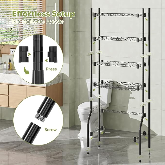Simple Trending 4 Tier Over The Toilet Storage Rack, Bathroom Organizers and Storage Over Toilet with Adjustable Shelf and Basket, (Black)