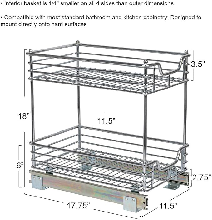 Household Essentials Glidez Chrome-Plated Steel 2-Tier Sliding Under Sink Cabinet Organizer, Chrome