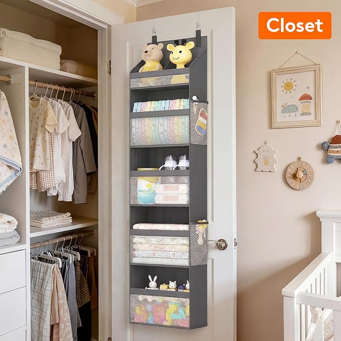 5 Tier Over the Door Diaper Organizer for Nursery, Gray