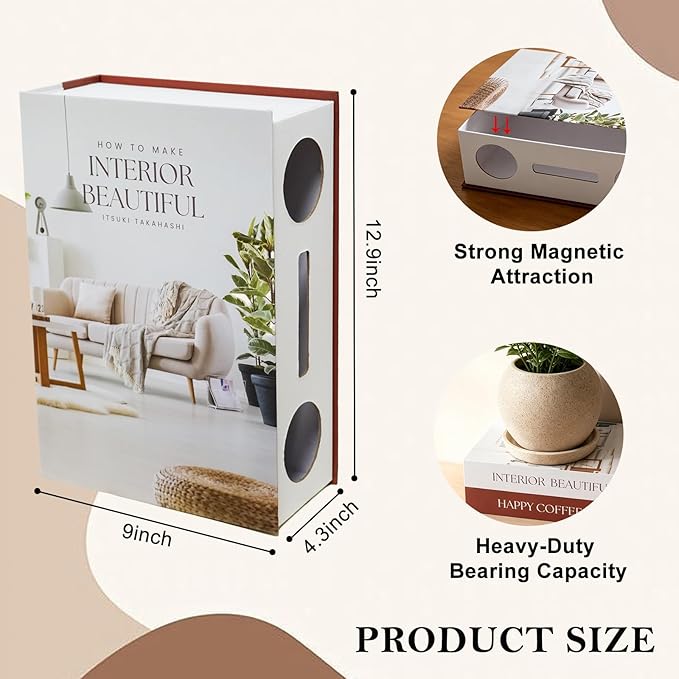 Book Shape Cable Management Cardboard Box with Magnetic Lid - Decorative Storage Organizer to Hide Cords, Power and Computer Cables & Routers for Home Office Decor (12.4 x 8.6 x 3.9 in) White&Wine
