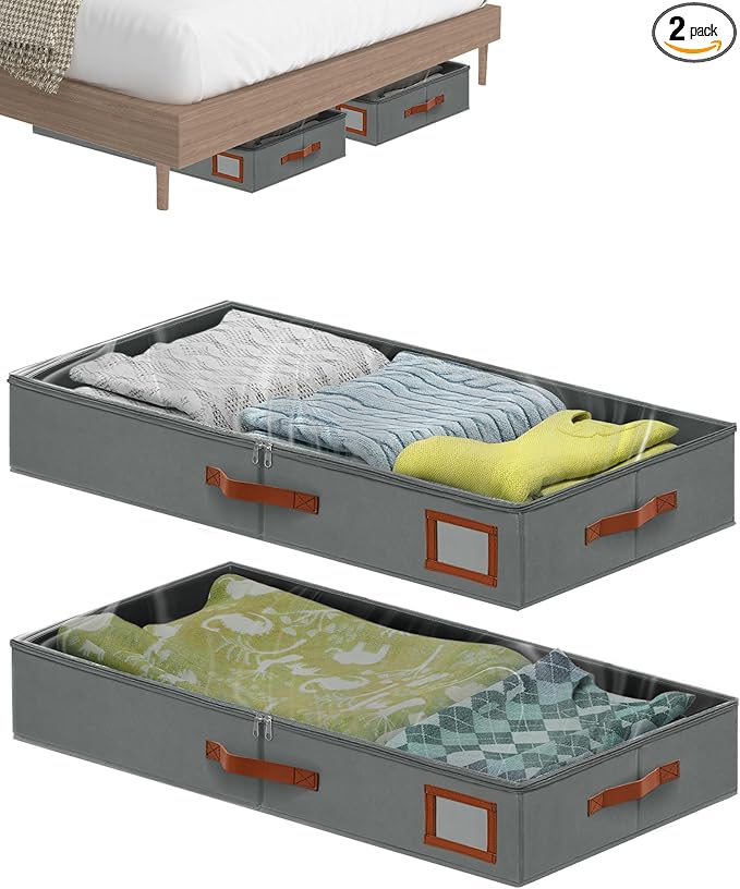 4 Inch Under Bed Storage Containers, 2 Pack Large Underbed Storage Bins w/Clear Lid & Sturdy Sidewall, Foldable Closet Organizer for Dorms, Bedroom, Clothes, Shoes, Bed Sheets, Blankets (Grey)