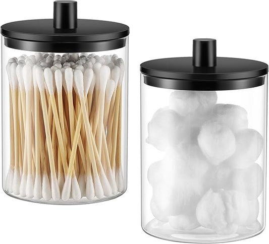 Glass Qtip Holder Dispenser, 10 oz Clear Canister Apothecary Jar, 2 Pack, Black