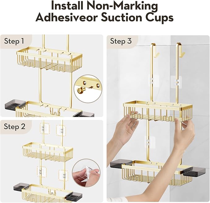 Over the Door Shower Caddy Hanging With Double Soap Holder Never Rust Aluminum Shower Shelf With 4 Hooks Hanging Bathroom Organizer No Drilling Shelves for Bathroom Storage Gold