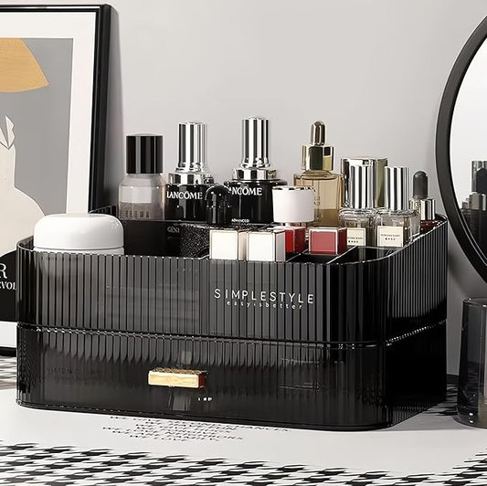 Makeup Organizer for Vanity, Large Desk Organizer with Stackable Drawer for Cosmetics, Skincare, Lipsticks, Palette, Nail Care, Ideal Storage for Dresser and Bathroom Countertop- Black