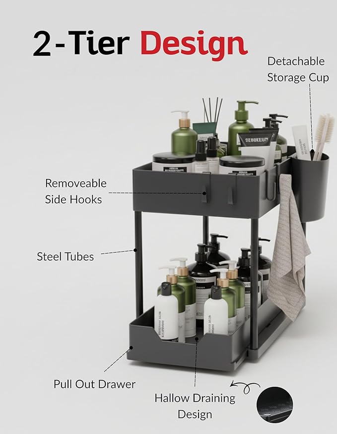 2 Tier Under Sink Organizer with Sliding Drawer, Pull Out Cabinet Storage Rack for Kitchen Bathroom Pantry, Multi Purpose Shelf with Removable Side Hooks and Hanging Cup, Tool Free Assembly