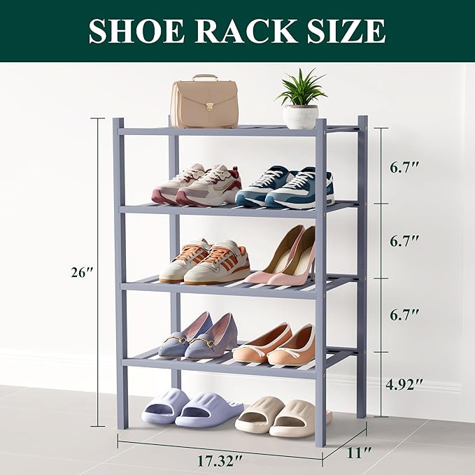 Smiry Bamboo Shoe Rack for Closet, 4 Tier Small Wooden Shoe Organizer, Stackable Wood Shoe Storage Shelf for Entryway, 14 Vertical Slats, 2+2 Stack Heavy-Duty Legs, 17.32"x11.02"x25.98", Grey