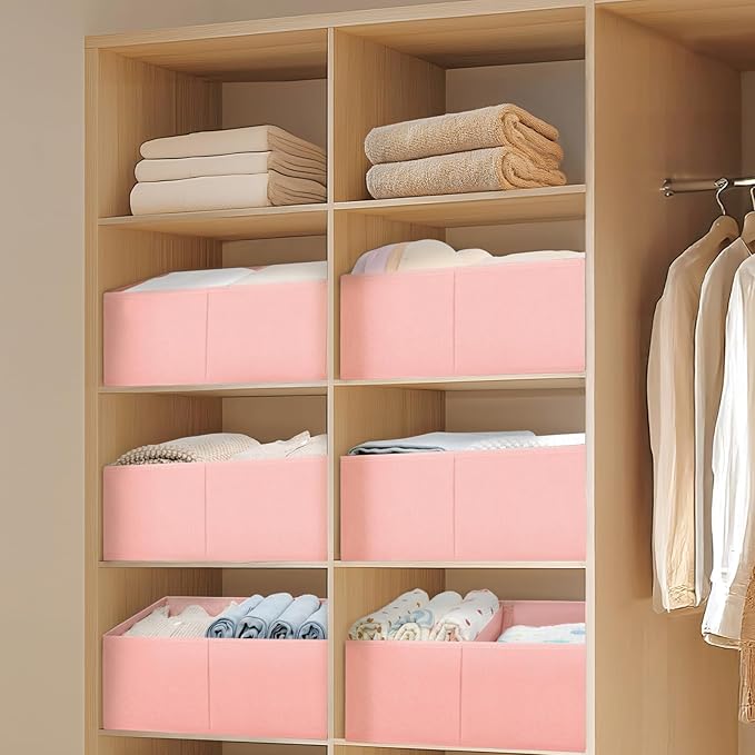 Large Closet Shelf Organizer Bins 4 Packs with Handles and Divider, Pink