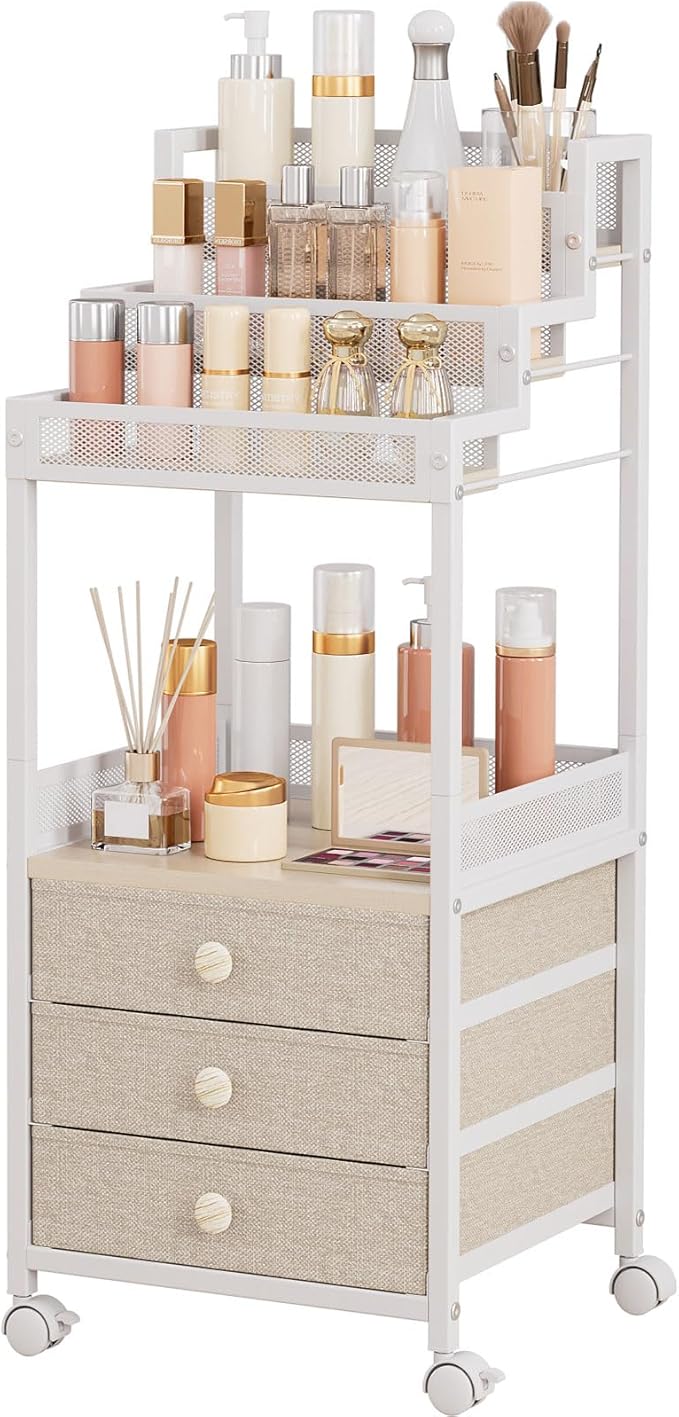 Bathroom Stand, Makeup Organizer Storage with Drawers, 13 Inch Large Floor Rolling Skincare Organizer Cart, 3-Tier Vanity Tray Stand for Cosmetics, Nail Polish, Perfume Display Cases Holder
