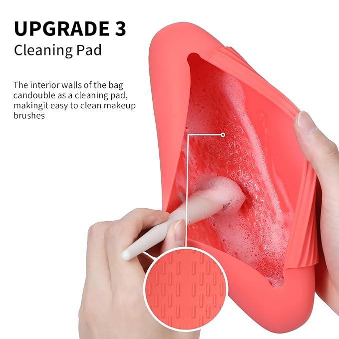 AGIKET Silicone Makeup Brush Holder Travel Cosmetic Bag：Soft Portable Cosmetic Face Brushes Holder with Upgrade Anti-Fall Out Magnetic Closure, Large Travel Makeup Brush Case - Guava