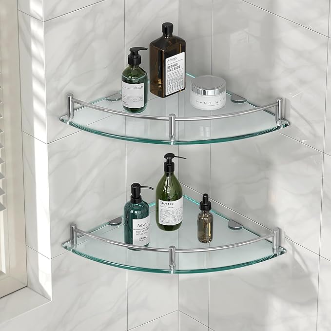 Glass Corner Shelves Tempered Bathroom Eestantes para Baños with Rail Wall Mounted Drill Hole for Corner Shower Shelf for Inside Shower 2 Pack（Sliver）