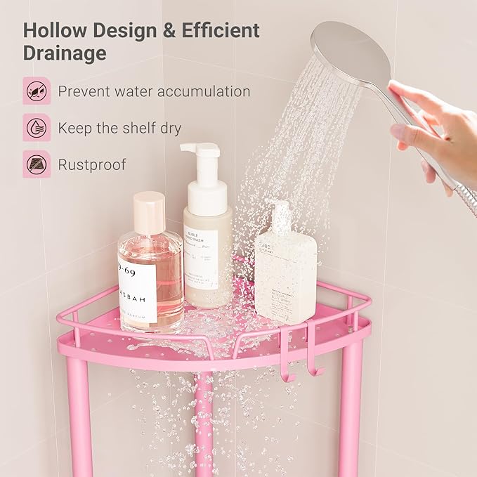 ELYKEN Corner Shower Caddy Standing, 3 Tier Rustproof Metal Shower Organizer with Soap Holder, Floor Shower Corner Shelf Rack Storage Stands with Adjustable Feet & 2 Hooks for Bathroom, Pink