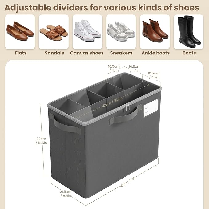 Varhomax Shoe Organizer Box for Closet, Small Fabric Shoe Storage Bin with Adjustable Dividers & Clear Cover, Saving Space Sneakers & Sandals Containers for Entryway, Cubby - Gray