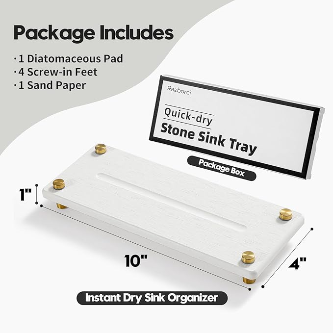 Water Absorbing Stone Sink Caddy Kitchen Sink Organizer Tray, White 10" x 4"