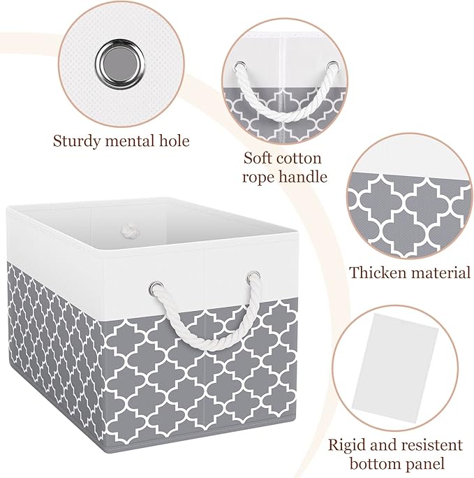 Fab totes Storage Bins 8-Pack, Foldable Storage Baskets for Organizing Toys, Books, Shelves, Closet, Large Storage Box with Rope Handles, Sturdy Organizer Bins,Clover Grey
