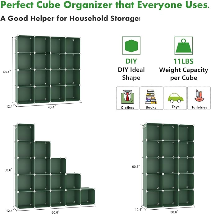 C&AHOME Cube Storage Organizer, 16-Cube Shelves Units, Plastic Storage Cubes, DIY Closet Organizer, Modular Closet Storage Shelves Ideal for Home, Bedroom, 48.4" L × 12.4" W × 48.4" H Green UPCS16GN