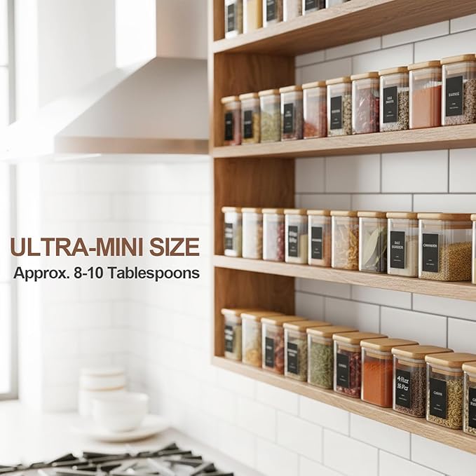ComSaf Spice Jars with Label 4oz 16 Pack, Glass Spice Jars with Bamboo Lid, Mini Seasoning Containers with 54 Black Labels, Stackable for Kitchen, Pantry Organization, Loose Tea, Herbs, Powders, Salt