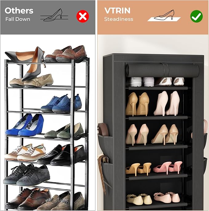 VTRIN Vertical Narrow Shoe Rack Organizer 10 Tier Tall Shoe Shelf Holds 20-22 Pairs with Non-Woven Dustproof Cover for Closet, Entryway Black