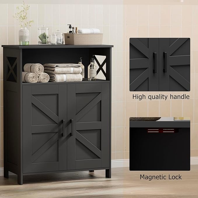 Homhedy Farmhouse Bathroom Storage Cabinet with 2 Doors, Toilet Paper Cabinet with Adjustable Shelf, Small Bathroom Cabinet for Kitchen/Laundry/Living Room, 11.8 x 23.6 x 31.5 Inches, Black