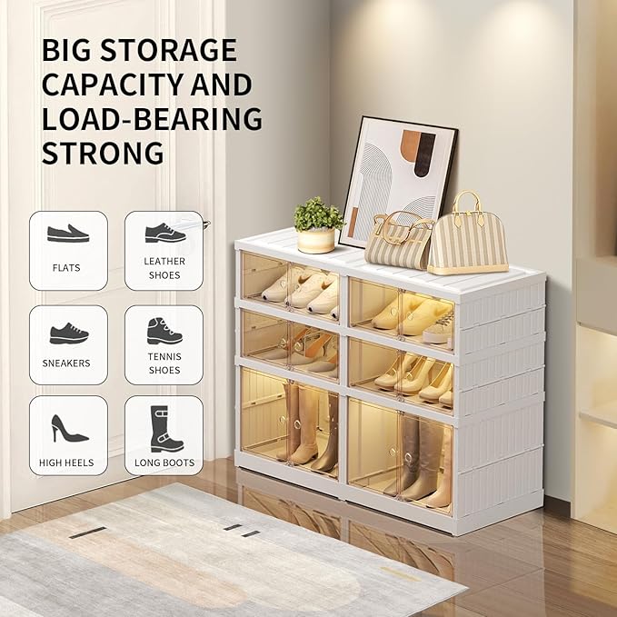 CIMLORD 3-Tier Foldable Shoe Rack Organizer for Closet 12Pairs Plastic Shoe Shelf Collapsible Shoes Storage Box Clear Shoe Boxes Stackable with Door Easy Assembly Shoe Cabinet with Lids Large