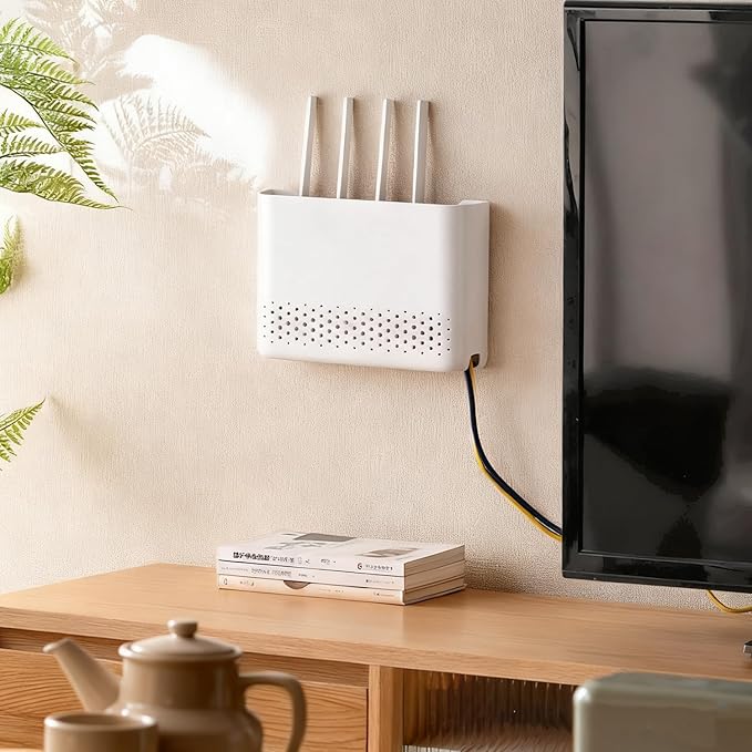 Wall Mounted Router Storage Box - No-Drill WiFi Router Organizer with Heat Dissipation Holes, Cable Management Box for Living Room, Bedroom, Study, Dorm, Apartment