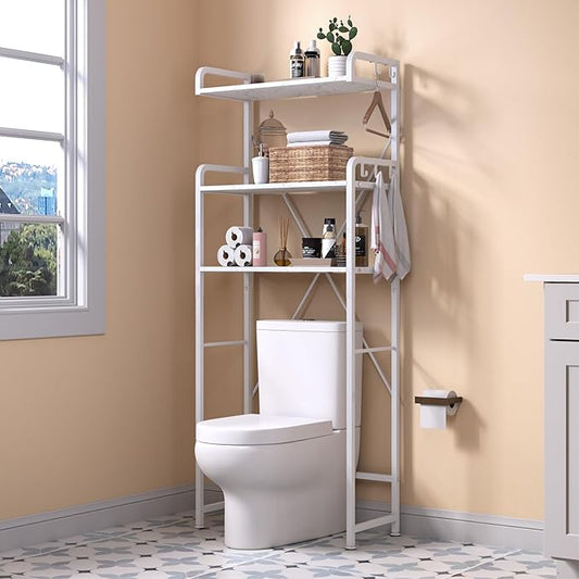 Over The Toilet Storage Rack with 3-Tier Bathroom Shelves, White Faux Marble