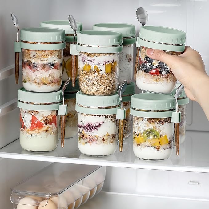 LANDNEOO 4 Pack Overnight Oats Containers with Lids and Spoons, 16 oz Glass Mason Jars with Airtight Lids, Overnight Oats Jars for Milk, Cereal, Fruit-Green