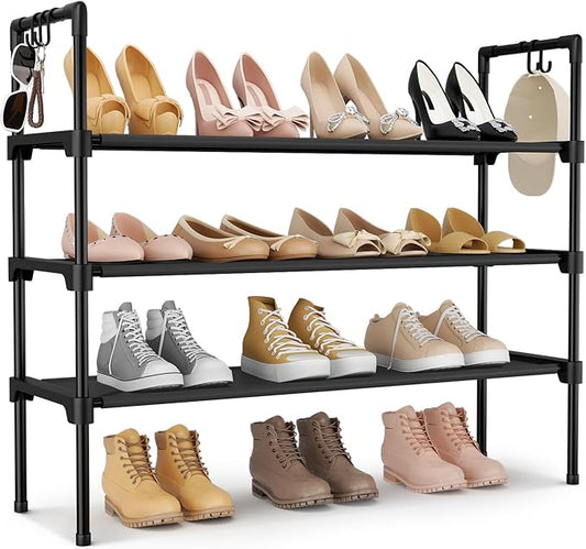 3 Tier Shoe Rack for Closet, Shoe Organizer with 5 Hooks, Dorm