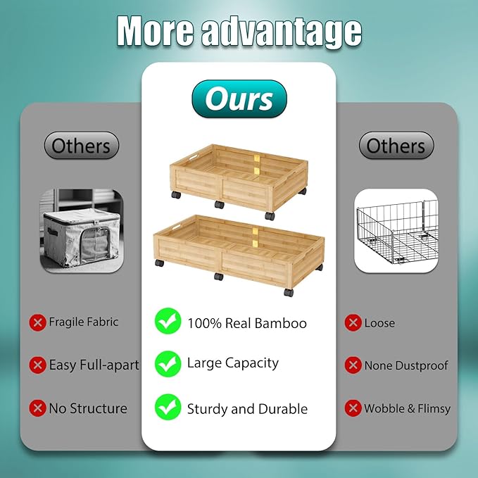 WISUCART Wood Under Bed Storage Containers Underbed Organizer with Wheels Sturdy Wood Rolling Under Bed Shoe Storage Organizer 2 Packs (Nature, Large)