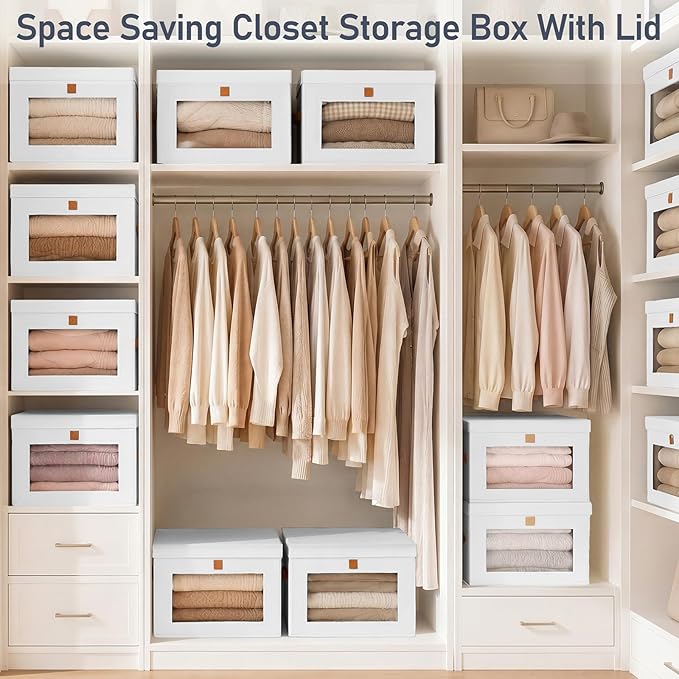 DIMJ Storage Bins with Lids - 5 Pack Front Opening Stackable Fabric Storage Boxes with Clear Window & Handles, Collapsible Closet Organizers for Clothes, Sweaters, Shelf Storage, Bedroom, White