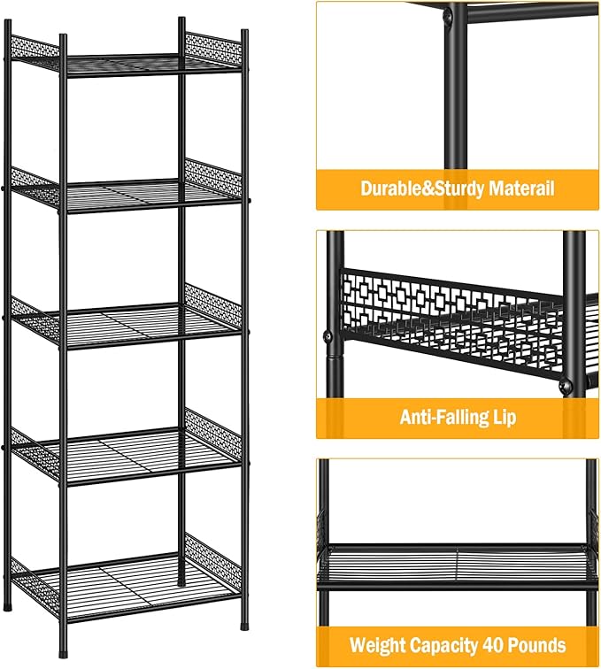 5-Tier Storage Shelf Wire Bathroom Organizers, Heavy Duty Shelving Unit for Pantry Kitchen Bathroom Laundry Room Garage, Organization Home Corner Rack, Black