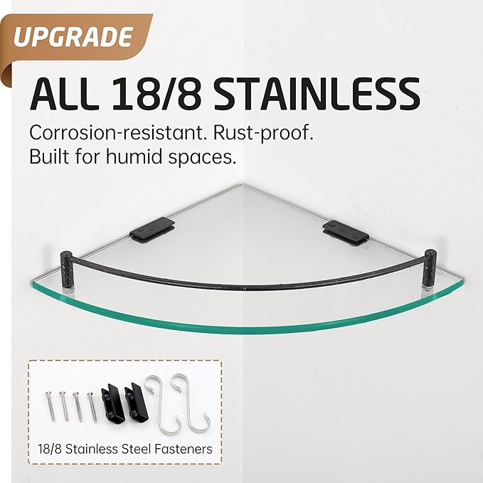KES Bathroom Glass Corner Shelf Tempered Glass Shelf with Rail Wall Mount Corner Shelf SUS 304 Stainless Steel Matte Black 2 Pack, BGS2101A-BK-P2