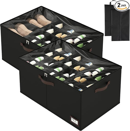 OIAHOMY 2 Pack Shoe Organizer for Closet, Large Foldable Shoe Storage Bins with Dividers and Reinforced Handles, Each Clear Cover Sneaker Box Fits Up to 24 Pairs for Entryway and Bedroom, Black
