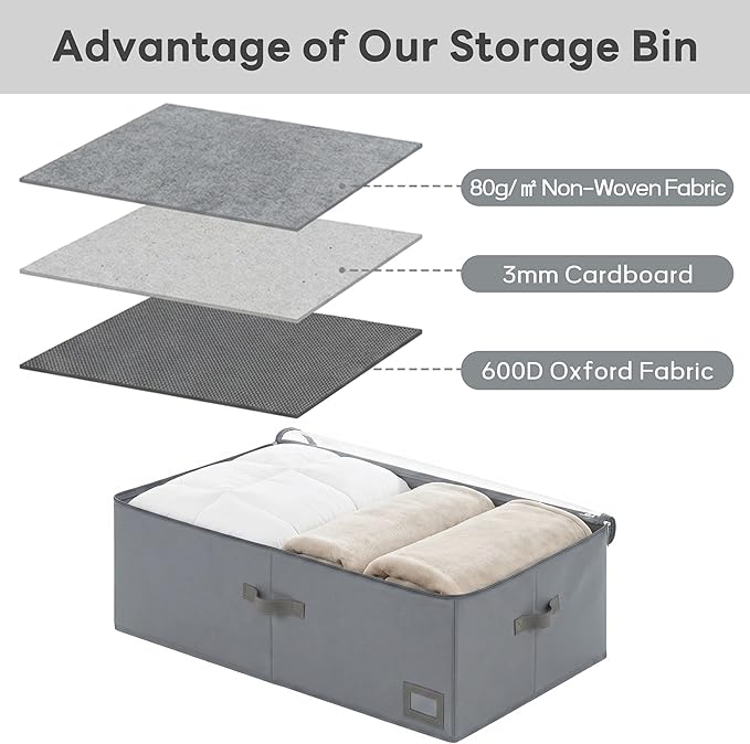 10-Inch Under Bed Storage Containers (3-Pack) | Sturdy Sidewalls | Clear Cover & Label Holder | Foldable Closet Organizer | Stores Clothing/Blankets/Wrapping Paper/Toys