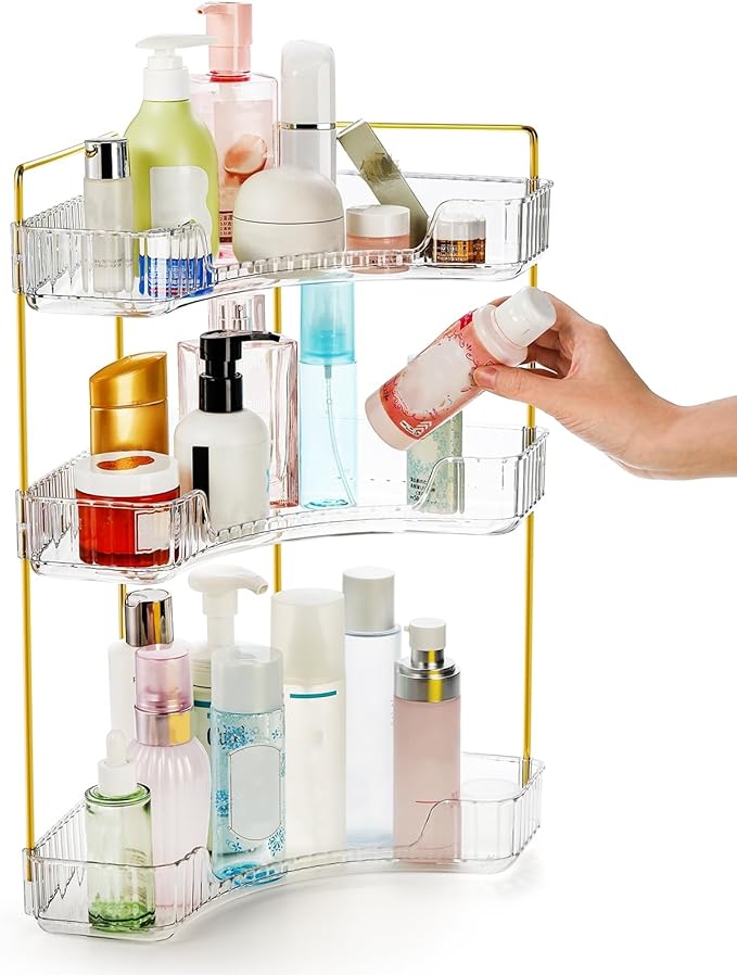 3 Tiers Corner Bathroom Counter Organizer, Clear Countertop Shelf Storage Rack
