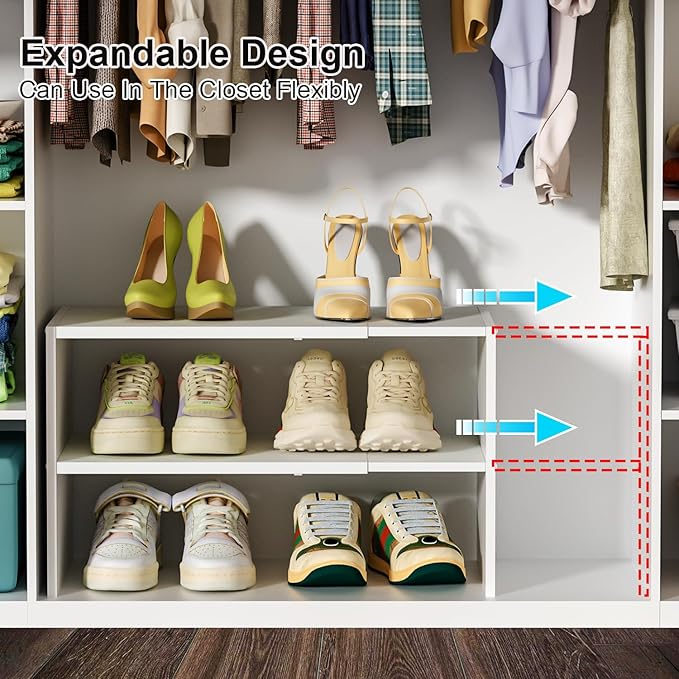 2 Pack White Shoe Rack for Closet, 2-Tier Expandable Small Shoe Shelf, Stackable Iron Wood Combination Shoe Organizer Racks Shelves for Closets, Entryway, Hallway, Garage, Holds 12-24 Pairs