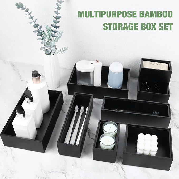 Bamboo Drawer Organizer Set, 8 PCS Black Multi-Use Drawer Storage Boxes