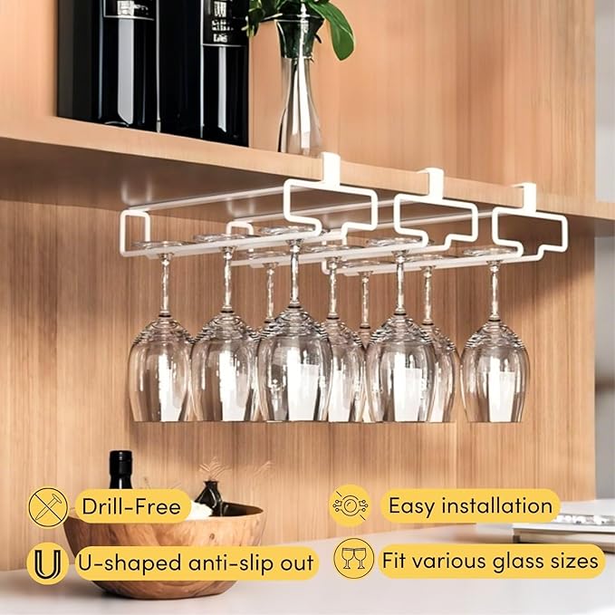 LINFIDITE 2 Pack Wine Glass Holder Stemware Rack Hanger Under Cabinet Wine Glass Rack Kitchen Hanging Storage Rack Organizer,White(For Partition Thickness under 0.98")