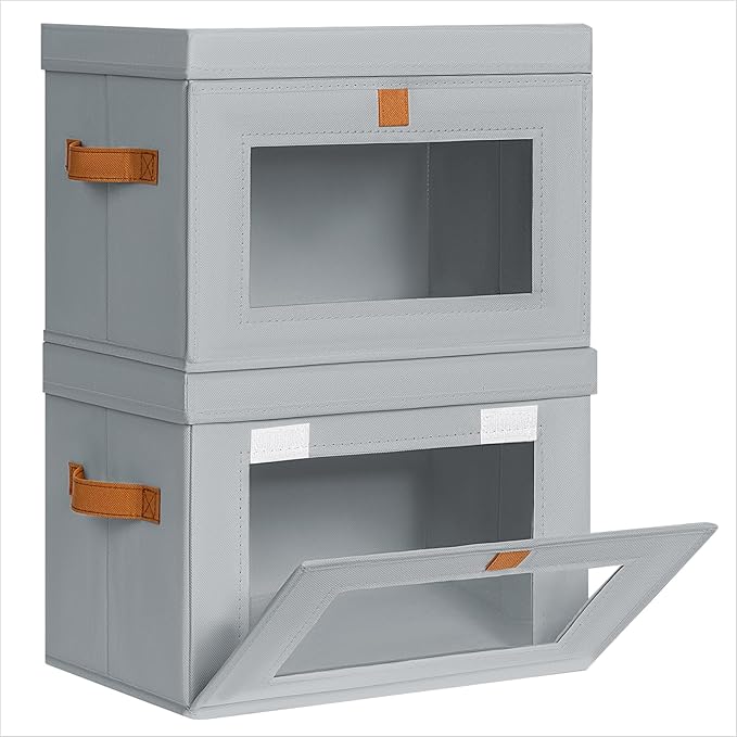 Homsorout Small Fabric Storage bins - Collapsible Storage Bins with Open Window, 2 Pack Closet Baskets for Shelves, Stackable Decorative Boxes for Home, Dorm, Grey, 13.7"x 9.8" x 9.8"