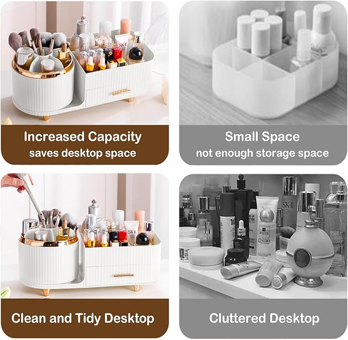 Rotating Makeup Organizer for Vanity with Brush Holder and Drawer, White