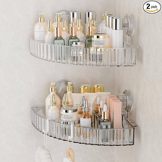 Adhesive Shower Caddy Suction Cup Shower Shelves for Inside Shower No Drilling Bathroom Organizers and Storage Corner Wall Shelf Rack Clear(clear,corner)
