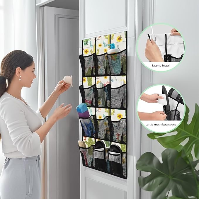 Over The Door Organizer, Cactus 4 Shelf Hanging Storage Organizer with 12 Clear Mesh Shoe Organizer Door Hanger Closet Hanging Rack for Shoes for for Apartments Dorms