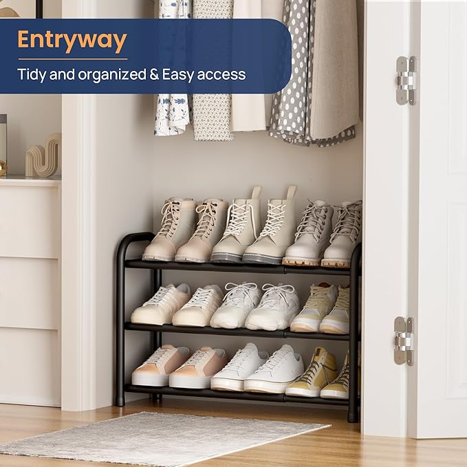 ENJOYBASICS 3 Tier Expandable Shoe Rack for Closet, Free Standing Metal Shoe Shelf Storage Organizer Holder 12 Pairs, Adjustable Width Shoe Rack for Entryway Small Space, Black | Adjustable