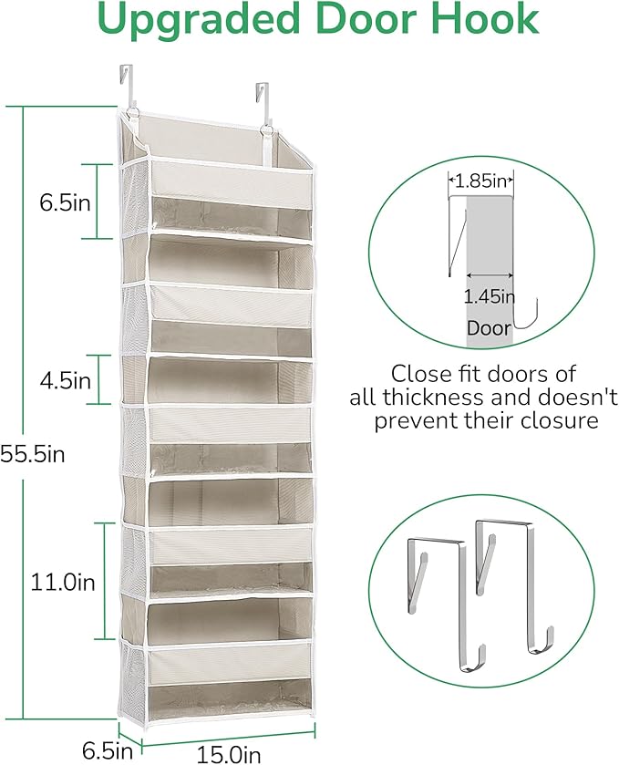 1-Pack Over Door Organizer with 5 Large Pockets 10 Mesh Side Pockets, Beige